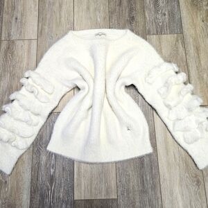 Patrizia Pepe Crewneck Sweater Ruffle Sleeves Fuzzy Fluffy Women's 3 XL Cream